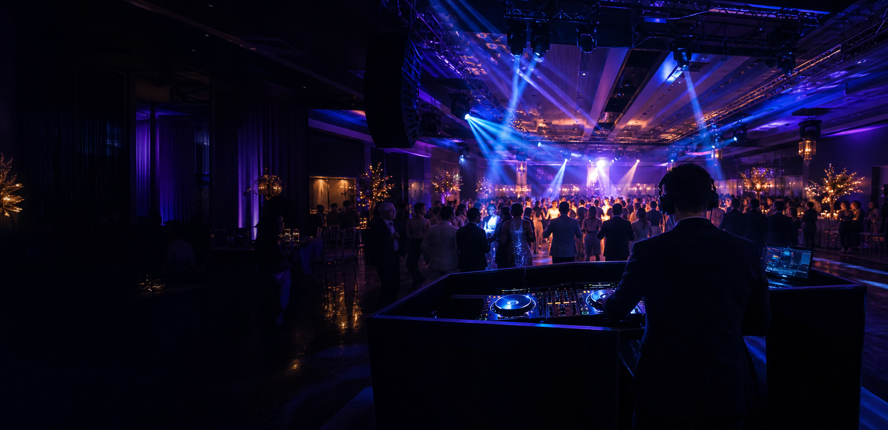 DJ performing for a packed, professionally lit celebration
