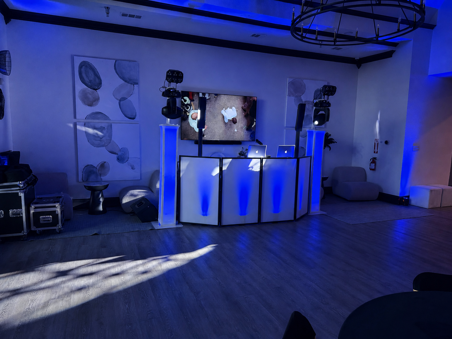 Triple R DJ booth, speakers, and event lighting available for rental inquiries