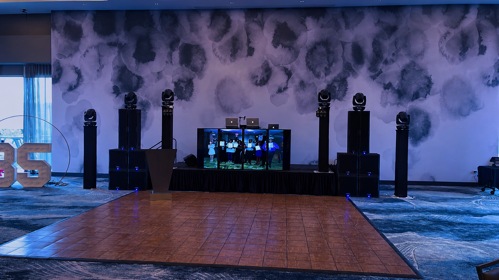 Large Triple R ballroom production system with multiple speakers and lights